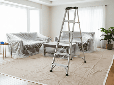 A well-prepared room with drop sheets covering all floors and furniture, ready for ceiling painting.