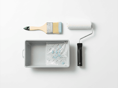 Painting application tools including a brush, roller, and tray.