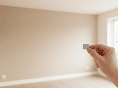 A hand holding a tiny paint swatch up against a large wall, showing how inadequate it is.
