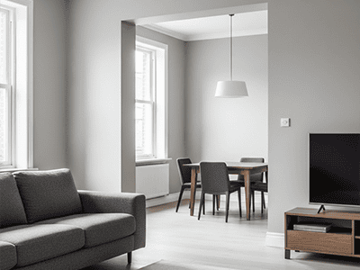 A view from a living room into a dining room, both sharing a cohesive colour scheme.