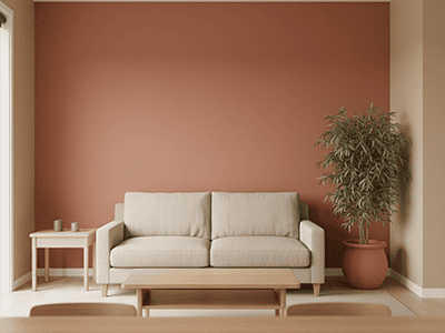 A modern Australian living room with a muted terracotta feature wall and warm neutral colours.