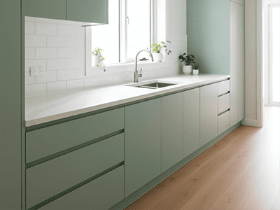 A stylish kitchen featuring sage green cabinetry and natural timber accents.