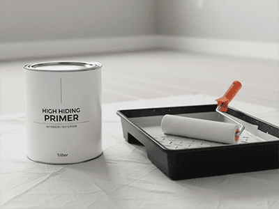 A can of grey-tinted primer next to a roller tray with grey primer in it.