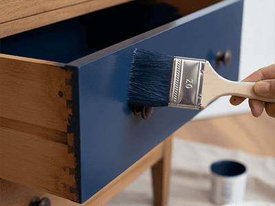 A paintbrush applying a coat of navy blue chalk paint to a wooden dresser.