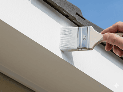 A paintbrush applying a crisp white coat of paint to a home's fascia board.