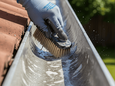 A hand in a glove scrubbing a gutter clean with a stiff brush and water.