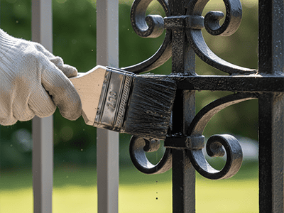 A paintbrush applying a coat of black metal paint to an ornate fence.