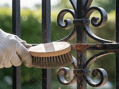 A wire brush being used to remove rust from an old metal gate.