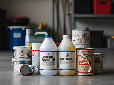 Bottles of used turpentine and other solvents ready for hazardous waste disposal.