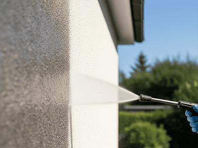 A high-pressure washer cleaning a rendered exterior wall.