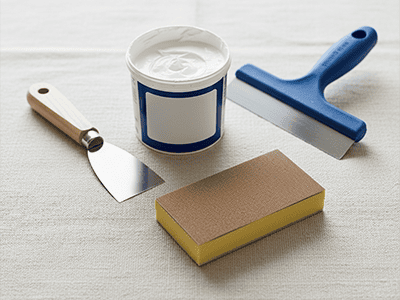 A tub of multi-purpose filler, two putty knives, and a sanding block on a drop sheet.