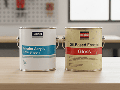 Two paint cans side by side, one a modern low-VOC acrylic and the other an old oil-based enamel.