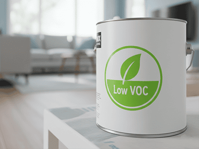A modern paint can with a prominent 'Low VOC' and green leaf symbol on the label.